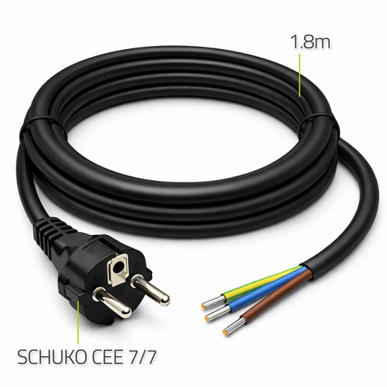 Kabel zasilający SCHUKO CEE 7/7 (E/F) | miedź Cu | odizolowany lutowany | 3x1.5mm2 | 1.8m 