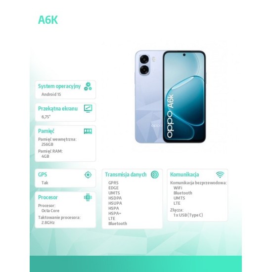 Smartfon A6k 4G 4/256GB CPH2891 jasnofioletowy
