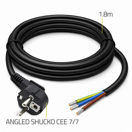 Kabel zasilający | wtyczka kątowa SCHUKO CEE 7/7 (E/F) | miedź Cu| odizolowany lutowany | 3x1.0mm2 | 1.8m 