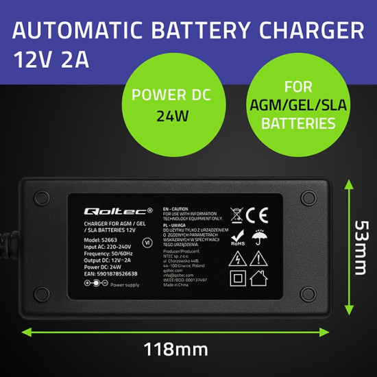 Ładowarka do akumulatora AGM GEL STD | Prostownik 12V | 2A | 24W | LED | Kabel 1.8m 