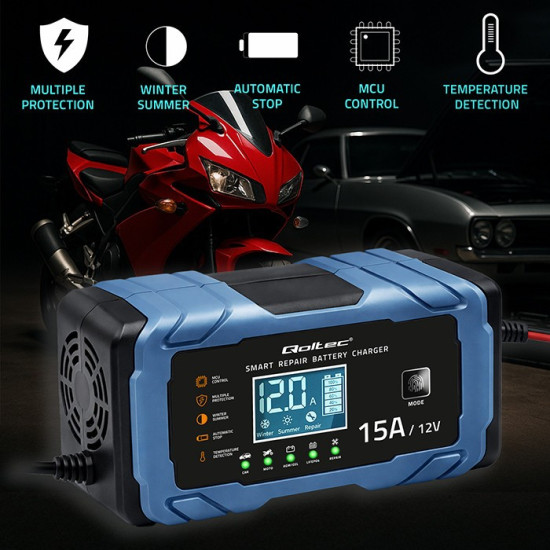 Ładowarka 12V 15A | Prostownik z funkcją naprawy | AGM GEL       LiFePO4 | 9-stopniowe ładowanie 
