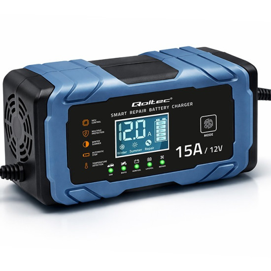Ładowarka 12V 15A | Prostownik z funkcją naprawy | AGM GEL       LiFePO4 | 9-stopniowe ładowanie 