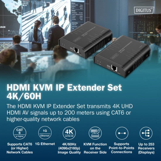 Przedłużacz (extender) po skrętce kat.6 HDMI 4K/60Hz z KVM USB 2.0 przez IP 1G lub do 120m/200m, max. 253 odbiorniki, ekran dotykowy - zestaw