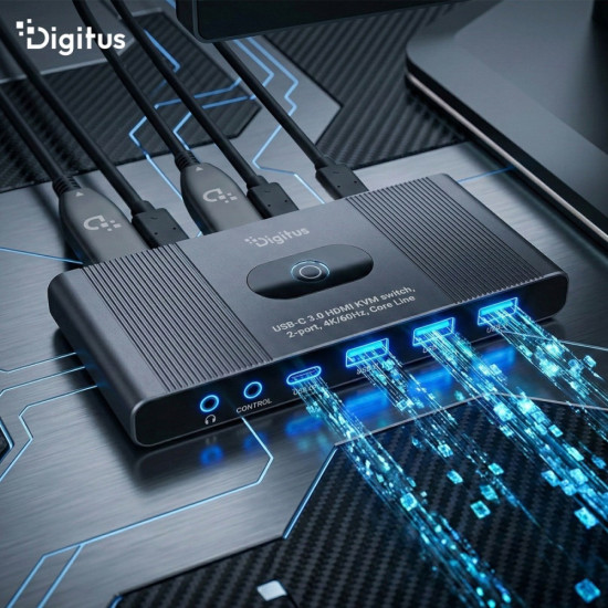 Przełącznik / Switch KVM HDMI 2x1 | UHD 4K@60Hz | 3x USB-A 3.1 Gen1 | 1x USB-C USB 3.1 Gen1 | Audio | Core Line 