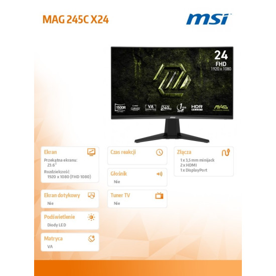 Monitor 23.6 cala MAG 245C X24 LED/FHD/Curved/240Hz/czarny