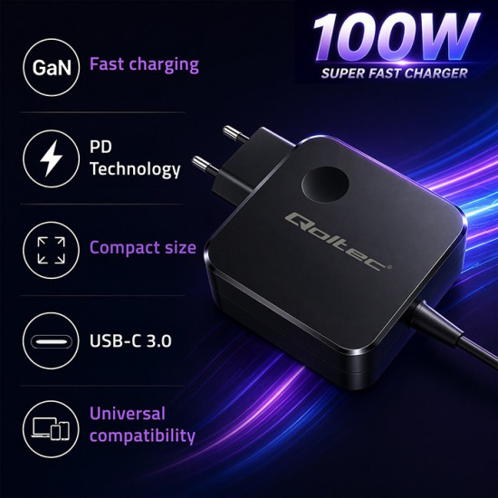 Ładowarka sieciowa GaN 100W | USB-C PD | 5-20V | 3-5A 