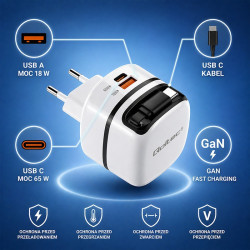 Ładowarka sieciowa GaN 65W | USB-C PD PPS | 5-20V | 3-3.25A |    wysuwany kabel 