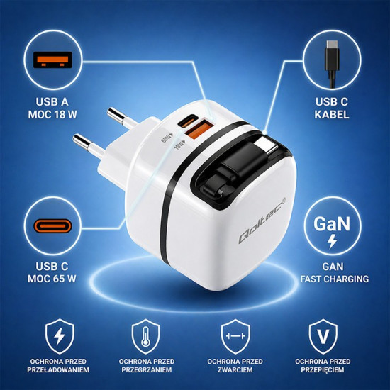 Ładowarka sieciowa GaN 65W | USB-C PD PPS | 5-20V | 3-3.25A |    wysuwany kabel 