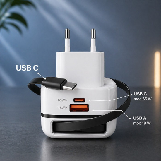 Ładowarka sieciowa GaN 65W | USB-C PD PPS | 5-20V | 3-3.25A |    wysuwany kabel 