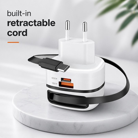 Ładowarka sieciowa GaN 65W | USB-C PD PPS | 5-20V | 3-3.25A |    wysuwany kabel 