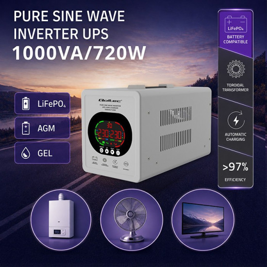 Zasilacz awaryjny UPS Pure Sine Wave | 1000VA/720W | Przetwornica12/230V z AVR | LCD | LiFePO4 AGM GEL 