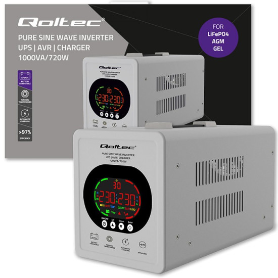 Zasilacz awaryjny UPS Pure Sine Wave | 1000VA/720W | Przetwornica12/230V z AVR | LCD | LiFePO4 AGM GEL 