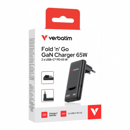 Ładowarka uniwersalna Fold n GO GaN 65W 2xUSB-C PD 3.0 PPS Czarna 