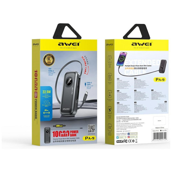 Powerbank PA-9 22,5W 10000mAh z kablem USB-C wbudowanym czarny 
