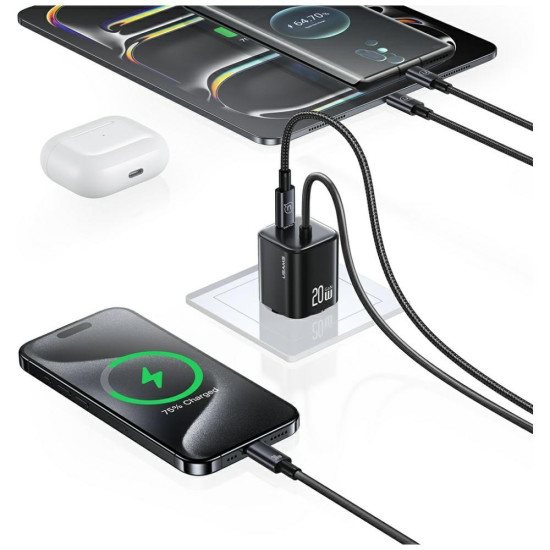 Ładowarka sieciowa JC Series CC261 20W GaN Fast Charger wbudowanykabel USB-C biały 