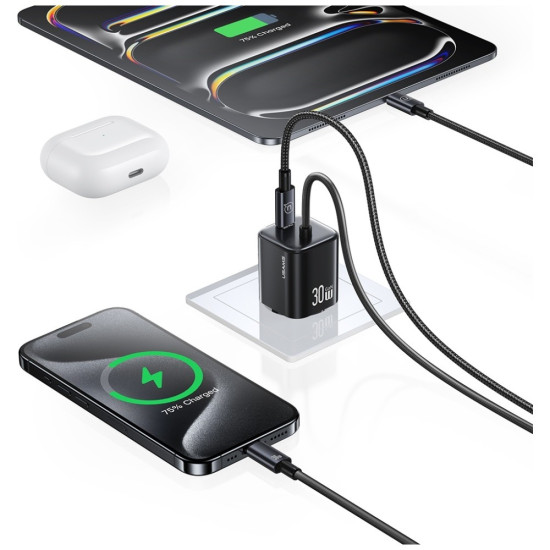 Ładowarka sieciowa JC Series CC264 30W GaN Fast Charge wbudowany kabel USB-C biała 