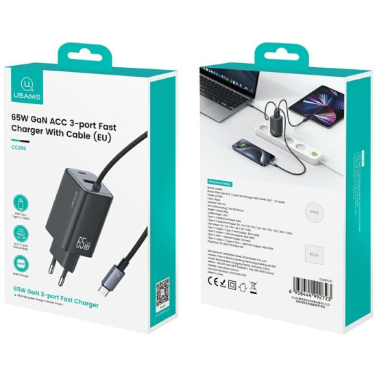 Ładowarka sieciowa JC Series CC266 65W GaN Fast Charger wbudowanykabel USB-C czarny 