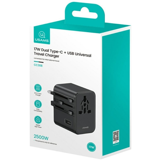 Ładowarka travel adapter 17W CC308 USB-C + USB-A 4w1 US/AU/EU/UK czarna 