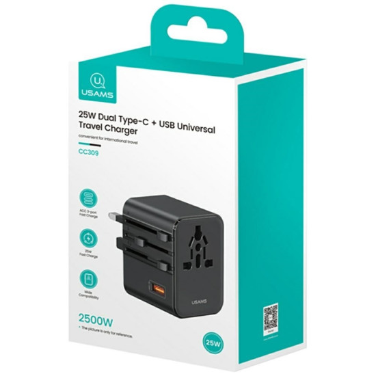 Ładowarka Travel Adapter 25W US/AU/EU/UK 2xUSB-C czarny 4w1 