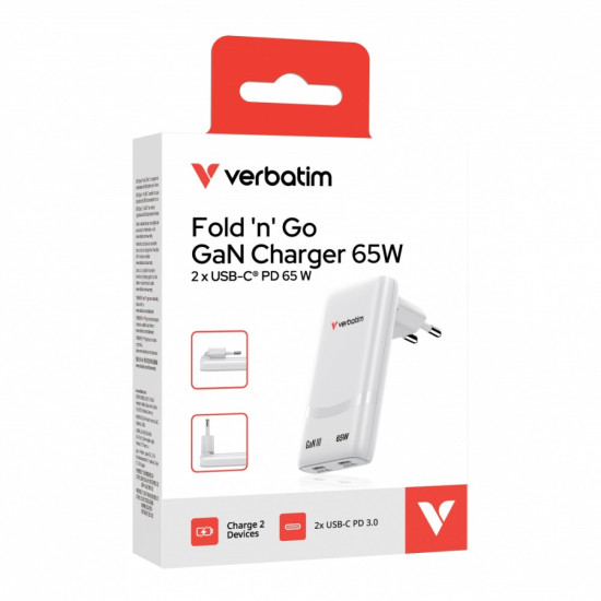 Ładowarka Fold n GO GaN 65W 2xUSB-C PD 3.0 PPS biała 