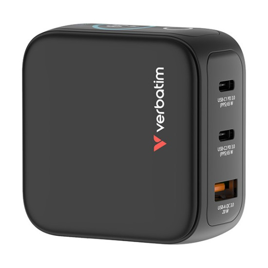 Ładowarka Mini GaN 65W TFT 2xUSB-C 1xUSB-A  EU/UK/USA 30238
