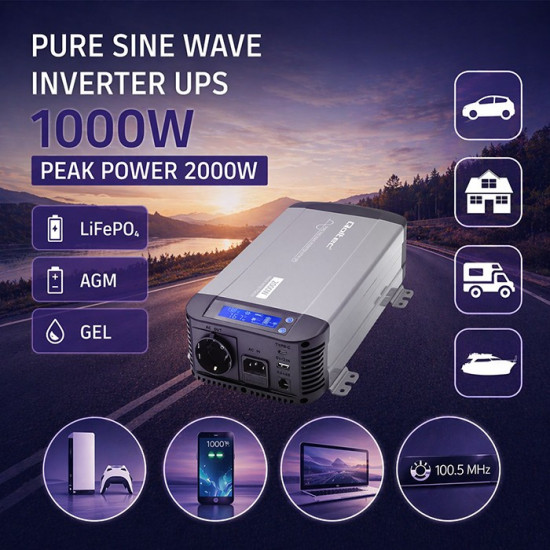 Przetwornica napięcia Pure Sine Wave | 12V na 230V | 1000/2000W |UPS BYPASS 