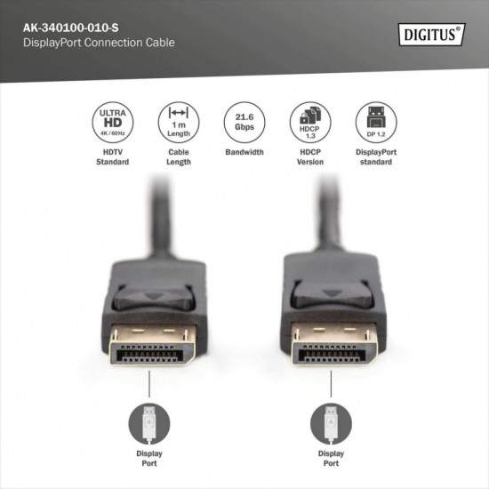 Kabel połączeniowy DisplayPort z zatrzaskami 4K 60Hz UHD Typ DP/DP M/M czarny 1m