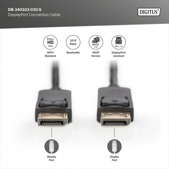 Kabel połączeniowy DisplayPort z zatrzaskami 1080p 60Hz FHD Typ DP/DP M/M czarny 3m