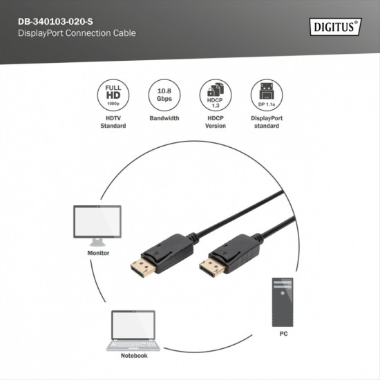 Kabel połączeniowy DisplayPort z zatrzaskami 1080p 60Hz FHD Typ DP/DP M/M czarny 2m