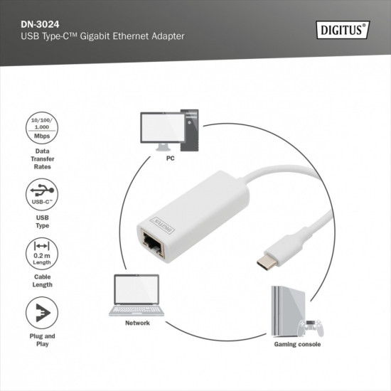 Karta sieciowa przewodowa USB 3.0 Typ C do Gigabit Ethernet 10/100/1000Mbps