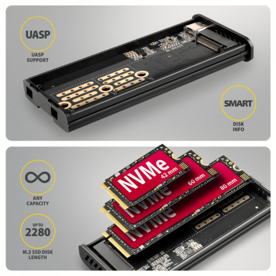 EEM2-SD2B Obudowa zewnętrzna aluminiowa bezśrubowa USB-A/C 3.2 Gen2 M.2 NVMe/SATA wyświetlacz LED, czarny