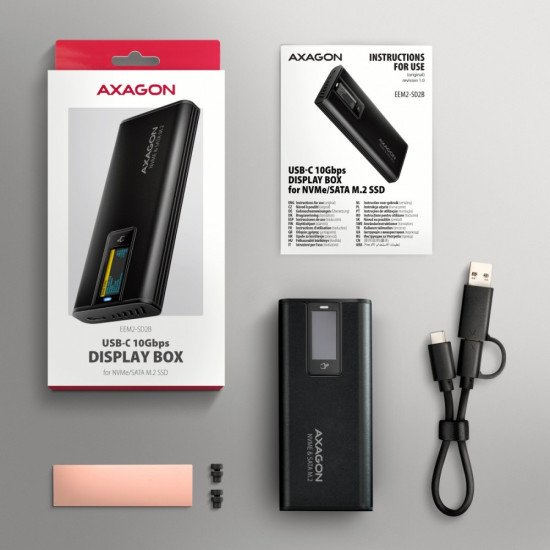 EEM2-SD2B Obudowa zewnętrzna aluminiowa bezśrubowa USB-A/C 3.2 Gen2 M.2 NVMe/SATA wyświetlacz LED, czarny
