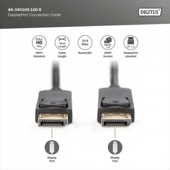 Kabel połączeniowy DisplayPort z zatrzaskami 1080p 60Hz FHD Typ DP/DP M/M czarny 10m