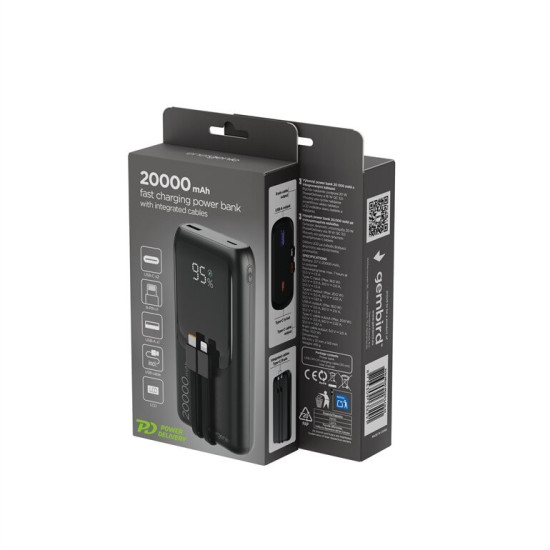 PowerBank 20000mAh ze zintegrowanymi kablami QC 3.0 LCD 20W czarny