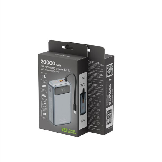 PowerBank 20000mAh zintegrowane kable QC3.0 18W PD 65W LCD czarny