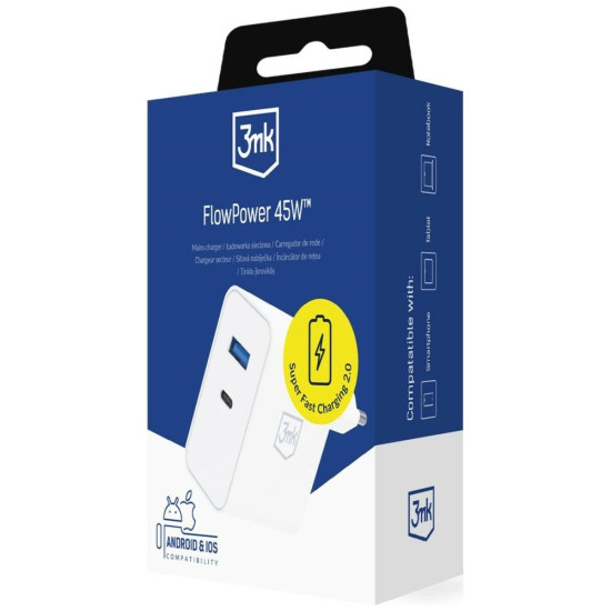 Ładowarka sieciowa 45W PD 3.0 QC4+ USB-A USB-C biała 