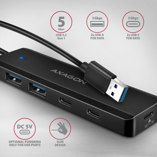 HUB 4-portowy 5gbps 2x USB-A 2x USB-C, USB-C power in  19 cm kabel  HUE-C2A