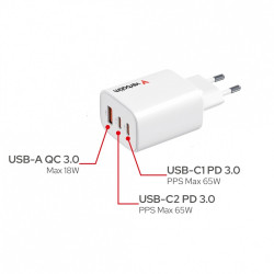 Ładowarka GaN 65W QC 3.0, 2xUSB-C, 1x USB-A PD 3.0 EU