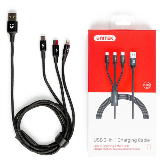 Kabel USB-A 3w1 USB-C/microUSB/ Lightning czarny C14049BK