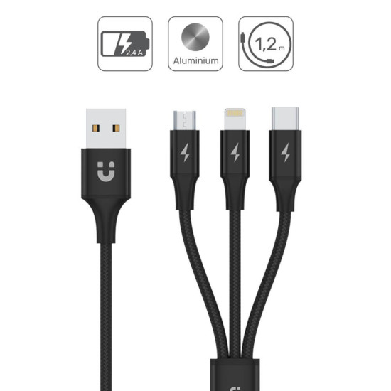 Kabel USB-A 3w1 USB-C/microUSB/ Lightning czarny C14049BK