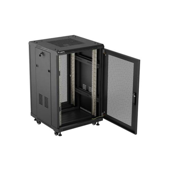 Szafa instalacyjna rack stojąca 19 cali 18U 600x600 drzwi perforowane LCD (Flat pack) czarna