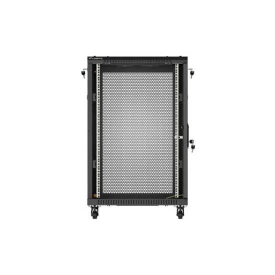 Szafa instalacyjna rack stojąca 19 cali 18U 600x600 drzwi perforowane LCD (Flat pack) czarna
