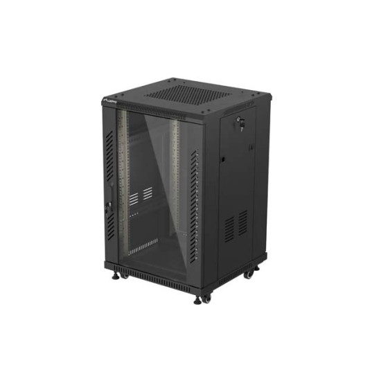 Szafa instalacyjna rack stojąca 19 cali 18U 600x600 drzwi przeszklone (Flat pack) czarna