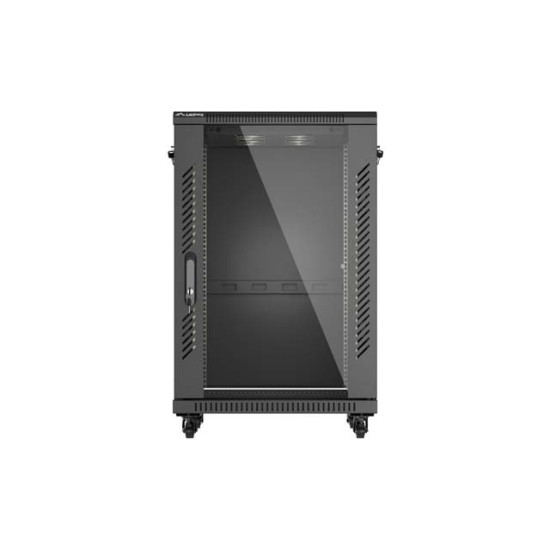 Szafa instalacyjna rack stojąca 19 cali 18U 600x600 drzwi przeszklone (Flat pack) czarna