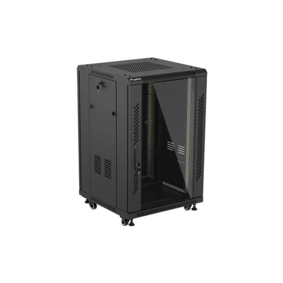 Szafa instalacyjna rack stojąca 19 cali 18U 600x600 drzwi przeszklone (Flat pack) czarna
