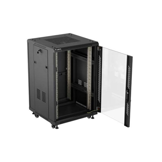 Szafa instalacyjna rack stojąca 19 cali 18U 600x600 drzwi przeszklone (Flat pack) czarna