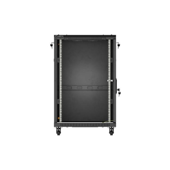 Szafa instalacyjna rack stojąca 19 cali 18U 600x600 drzwi przeszklone (Flat pack) czarna