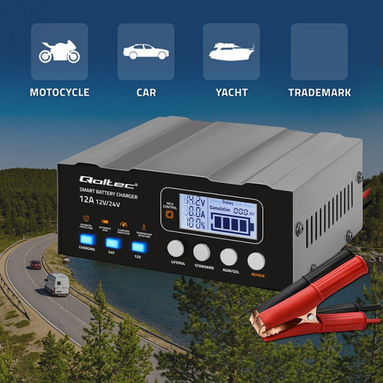 Inteligentna mikroprocesorowa ładowarka 12V | 12.6V | 24V |Prostownik z funkcją naprawy do akumulatora AGM GEL LiFePO4 | LCD 
