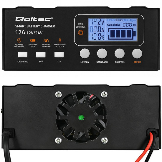 Inteligentna mikroprocesorowa ładowarka 12V | 12.6V | 24V |Prostownik z funkcją naprawy do akumulatora AGM GEL LiFePO4 | LCD 