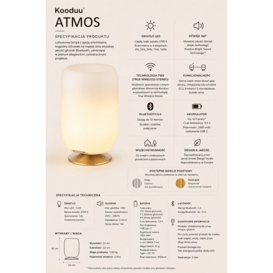 Lampa LED z głośnikiem i coolerem na napoje Atmos silver